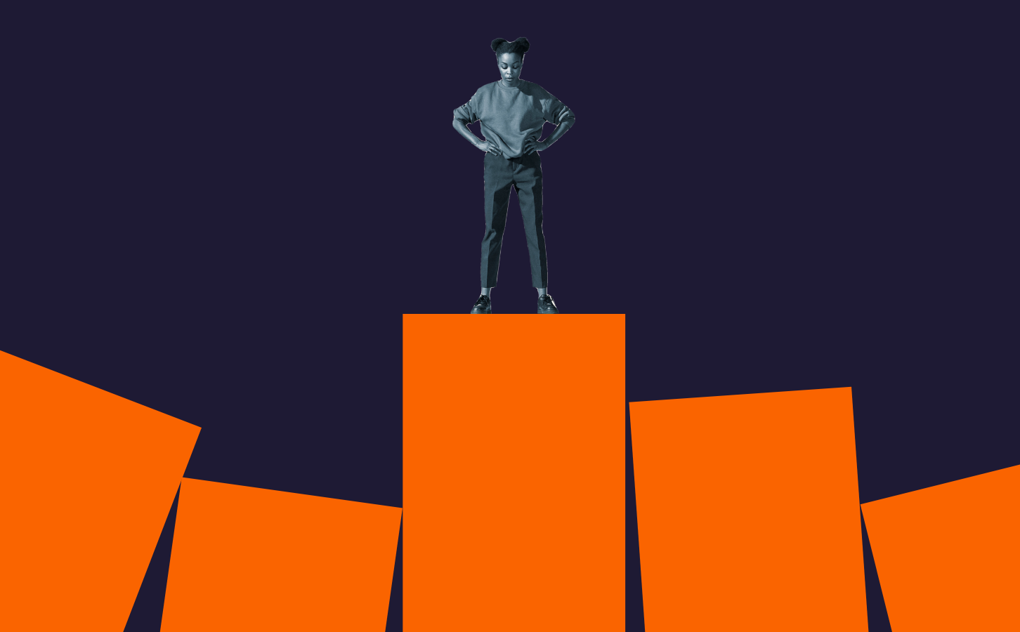 Woman proudly standing on top of the leaning bars she climbed over to accomplish her goals. Image is set in a dark navy monotone color scheme.