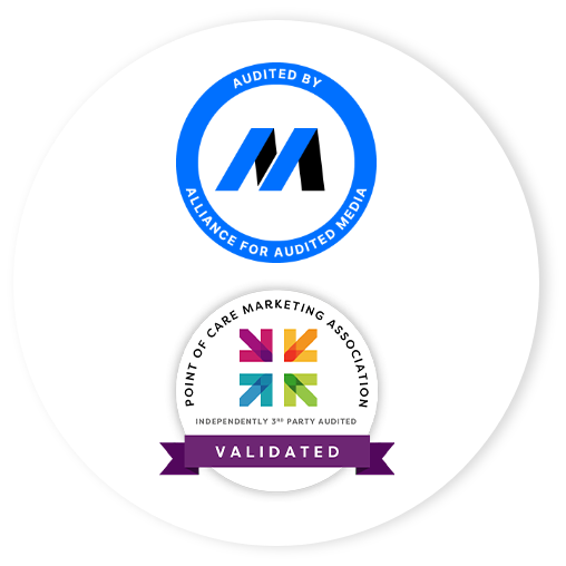 Logo for Alliance for Audited Media noting audit status and logo for POC3 validating PatientPoint audit status
