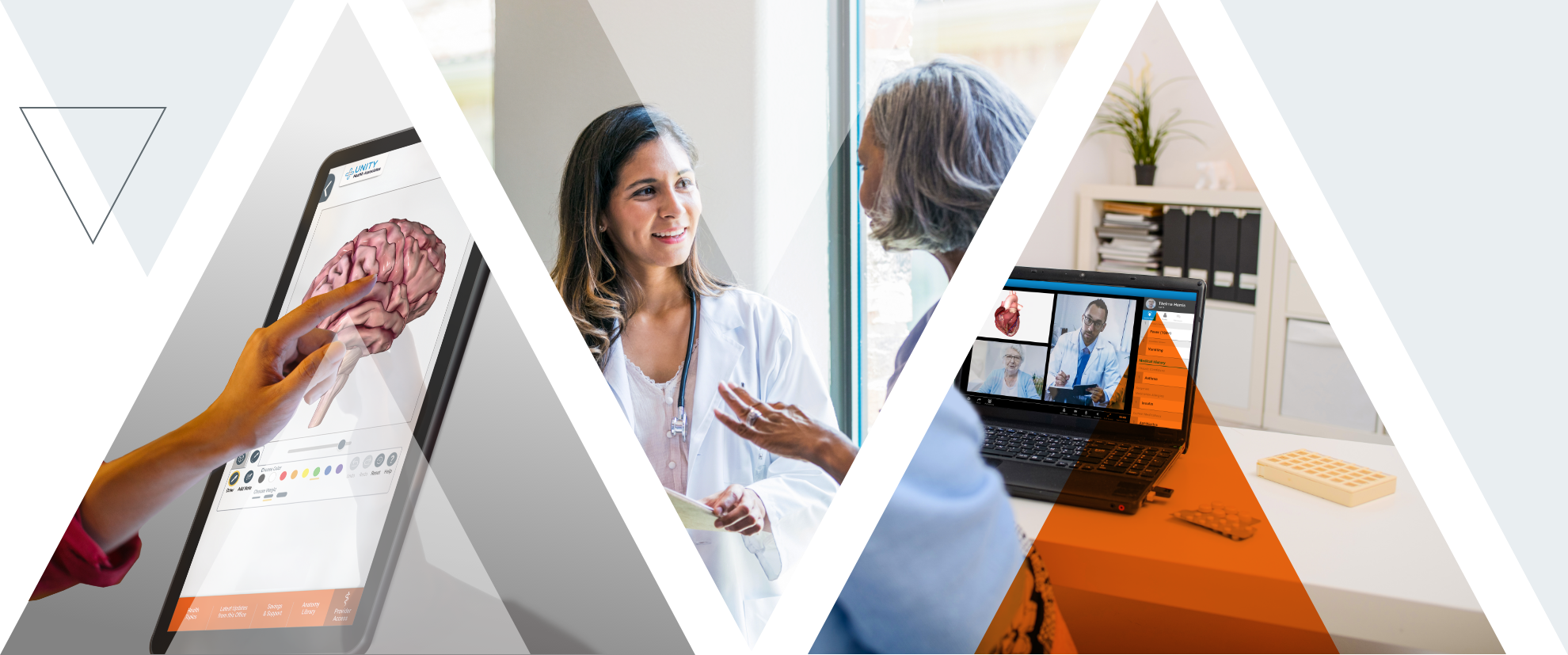 Triangle graphics showing PatientPoint's exam room touchscreen, a doctor and patient talking, and a doctor and a patient talking via telehealth appointment.