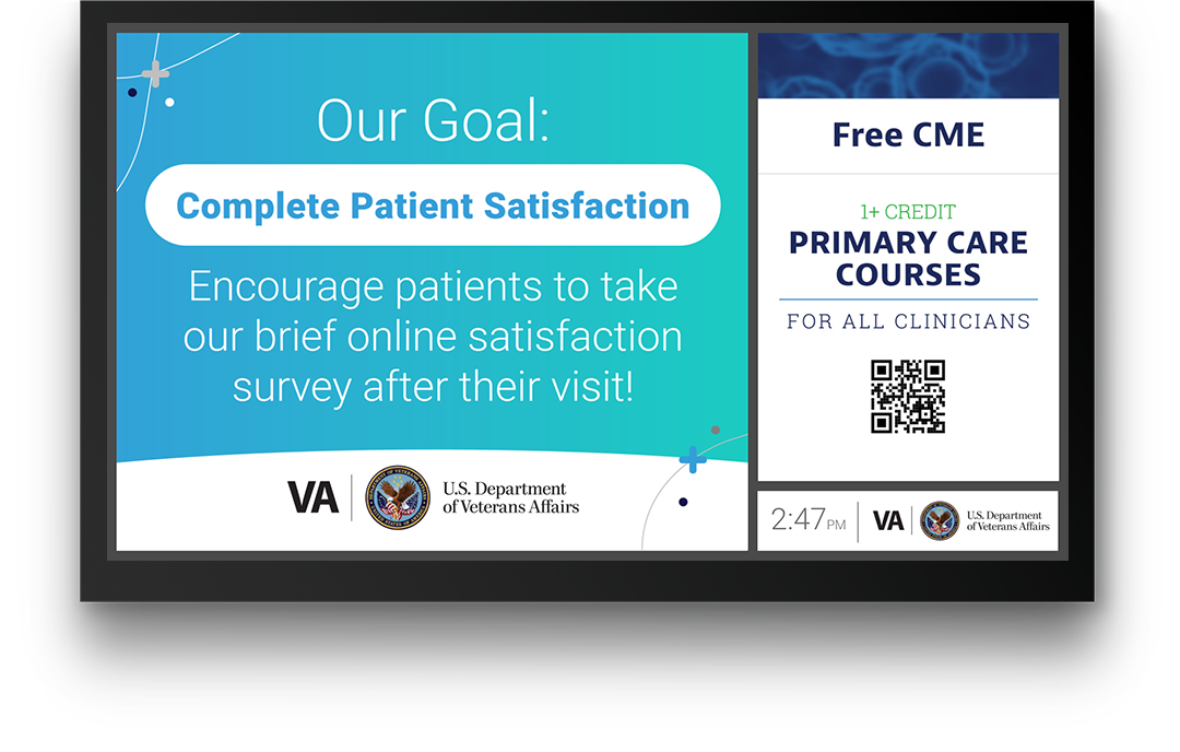 Screen with PatientPoint government medical news content, reminding staff to inform patients about the patient satisfaction.