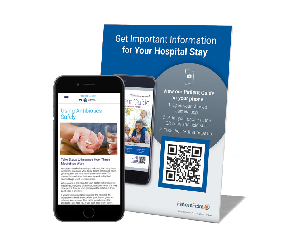 Promotional digital patient guide QR stand and mobile phone showing an antibiotic safety message from a hospital outpatient guide.