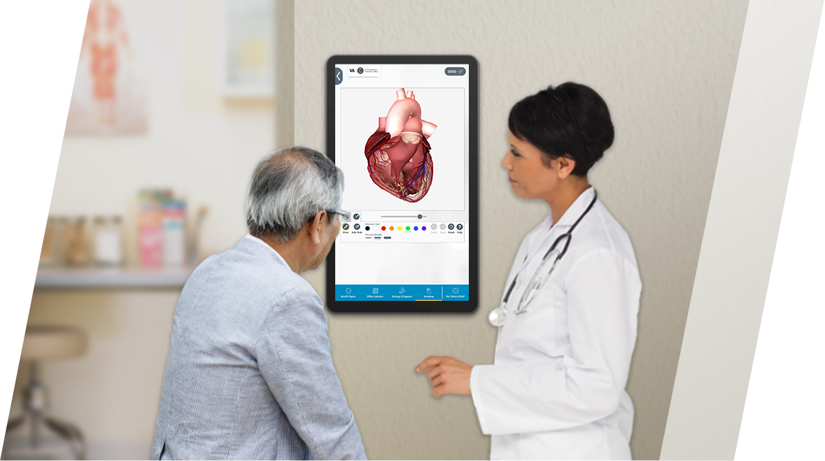 Female doctor and male patient interacting with an exam room display device.